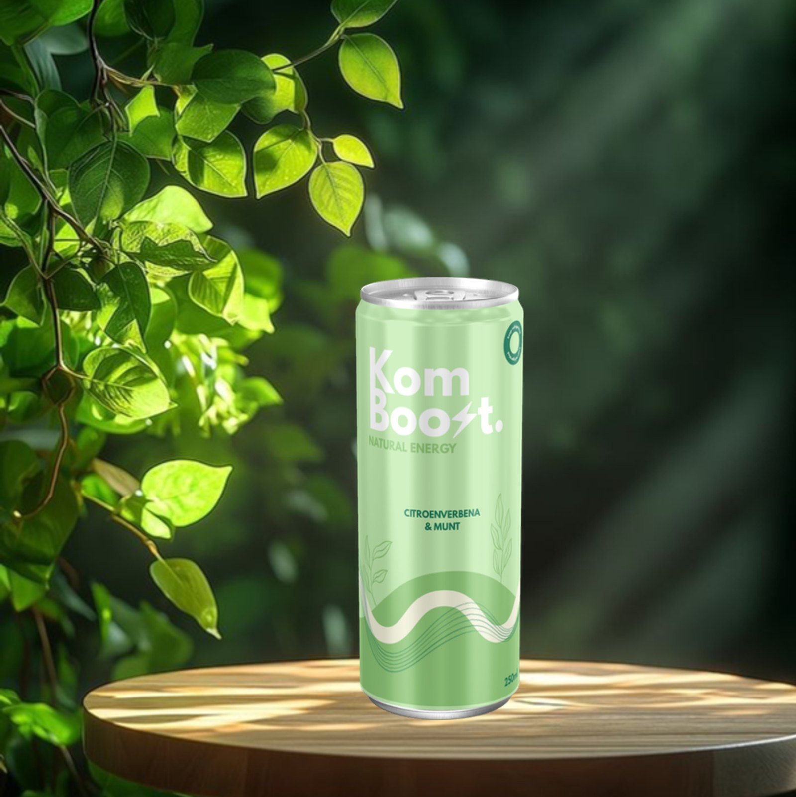 Een blikje KomBoost op een houten tafel tussen zonovergoten bladeren